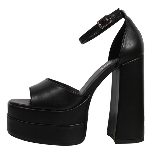 Shoes - SIZE 9 Black Faux Leather High Platform Chunky Block Ankle Strap Heel